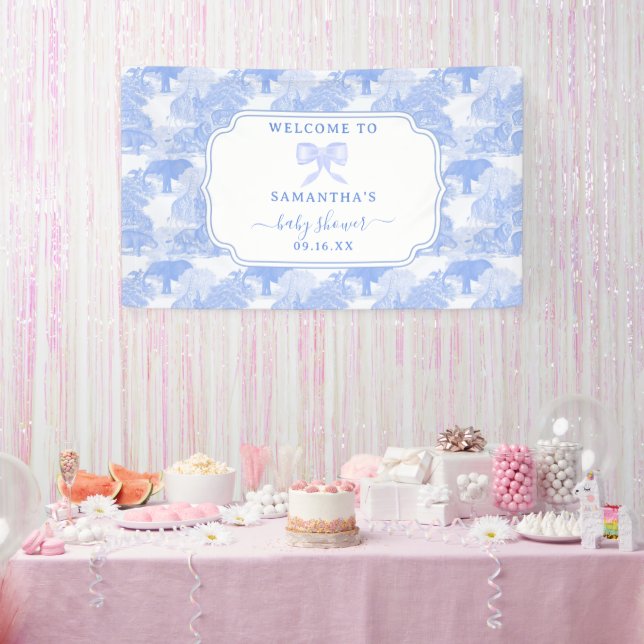 Blue Toile Jungle Animals Safari Chinoiserie Baby Banner (Party)