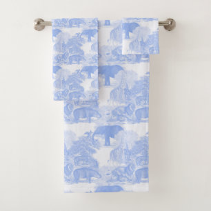 Blue Toile Jungle Animals Safari Chinoiserie Boy Bath Towel Set