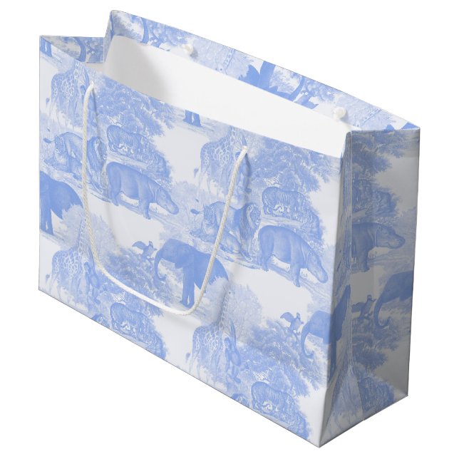Blue Toile Jungle Animals Safari Chinoiserie Large Gift Bag (Front Angled)