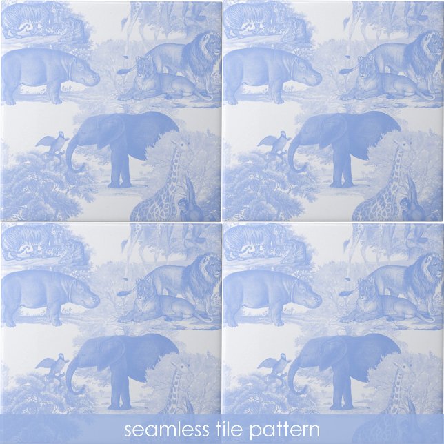 Blue Toile Jungle Animals Safari Seamless Pattern Tile (Blue Toile Jungle Animals Safari Seamless Pattern Ceramic Tile)