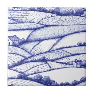 Blue Toile Landscape French Pastoral Scenes Tile