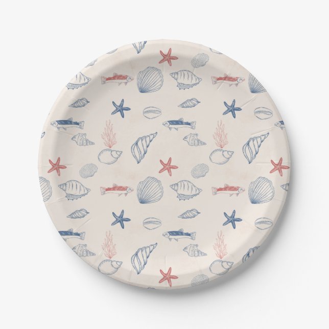 Blue toile Ocean Paper Plate (Front)