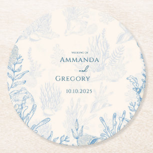 Blue Toile Ocean themed Wedding Round Paper Coaster
