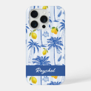 Blue Toile Palm Trees Lemons Monogram Name iPhone 15 Pro Case