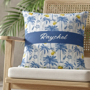 Blue Toile Palm Trees Lemons Monogram Name Throw Pillow