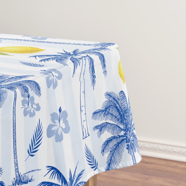 Blue Toile Palm Trees Lemons Pattern Tablecloth (In Situ)
