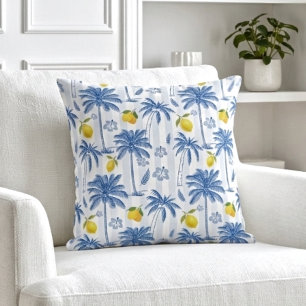 Blue Toile Palm Trees Lemons Pattern Throw Pillow
