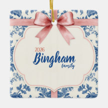 Blue Toile Pink Bow Family Photo Christmas