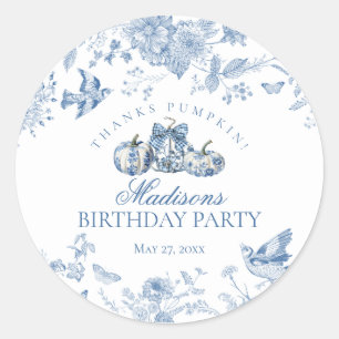 Blue Toile Pumpkin French Fall Birthday Favor Classic Round Sticker