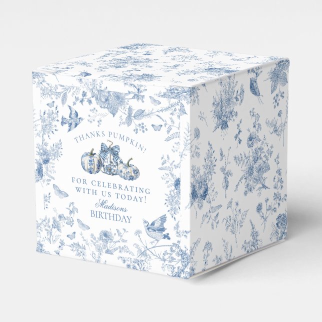 Blue Toile Pumpkin French Fall Birthday Party Favor Box (Front Side)