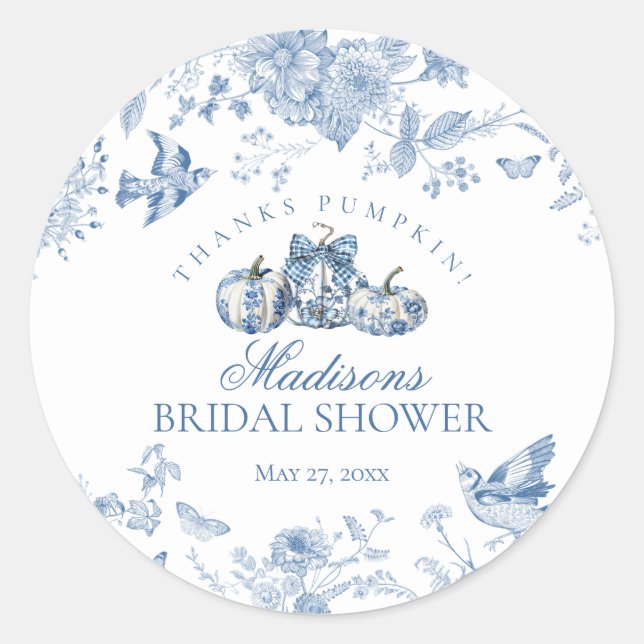 Blue Toile Pumpkin French Fall Bridal Shower Favou Classic Round Sticker (Front)