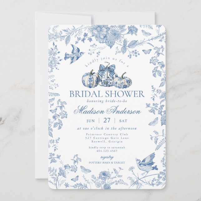 Blue Toile Pumpkin French Fall Bridal Shower Invitation (Front)