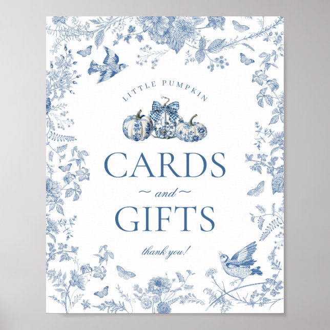 Blue Toile Pumpkin French Fall Cards & Gifts Sign (Front)