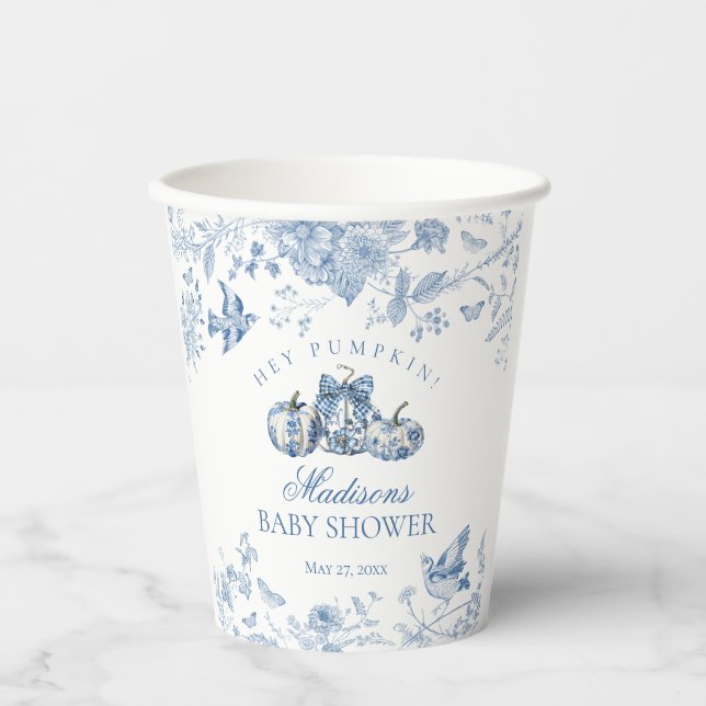 Blue Toile Pumpkin French Fall Floral Baby Shower Paper Cups (Front)