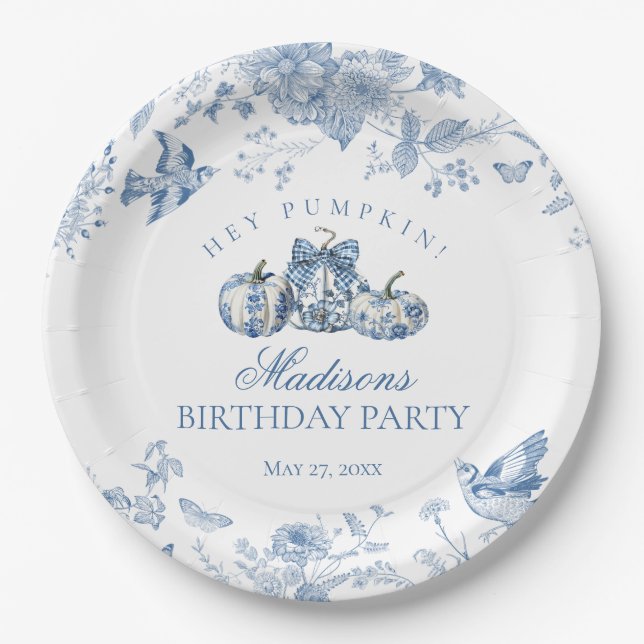 Blue Toile Pumpkin French Fall Floral Birthday Paper Plate (Front)