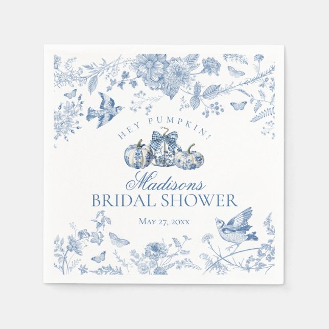 Blue Toile Pumpkin French Fall Floral Bridal Showe Napkin (Front)