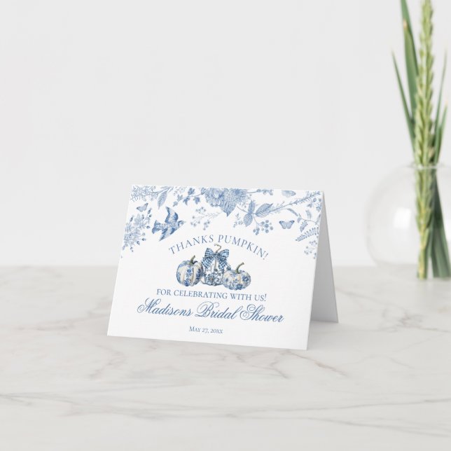 Blue Toile Pumpkin French Fall Thank You Card  (Front)