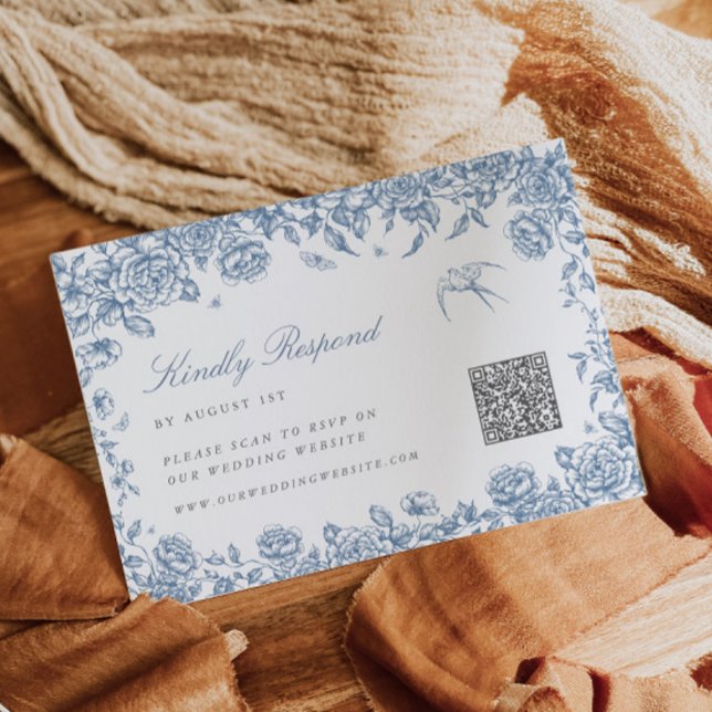 Blue Toile RSVP card with QR code Chinoiserie Bird (Creator Uploaded)