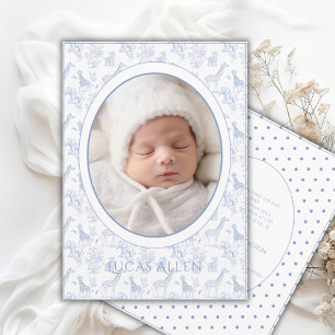 Blue Toile Safari Animals Birth Announcement