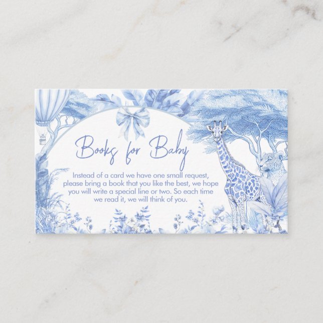 Blue Toile Safari Baby Shower Books for Baby Enclosure Card (Front)