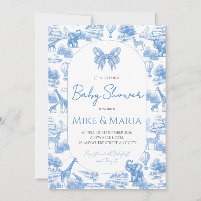 Blue Toile Safari Baby Shower Invitation (Devant)