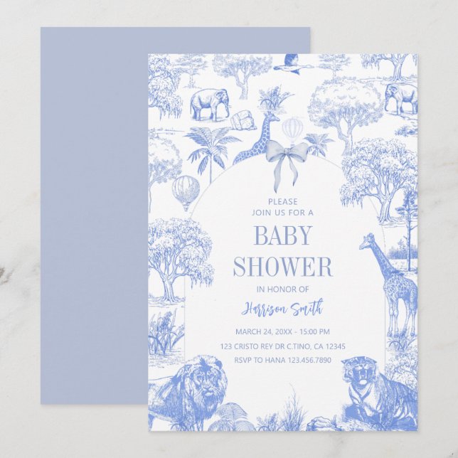 Blue Toile Safari Baby Shower Invitation (Front/Back)