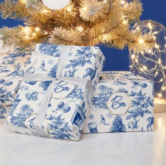 Blue Toile Seamless Pattern Vintage Winter Holiday Wrapping Paper