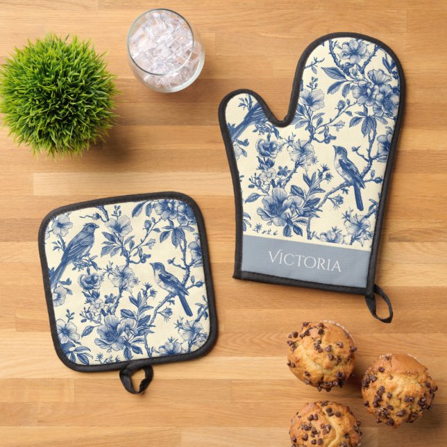 Blue Toile Shabby Chic Personalized Oven Mitt & Pot Holder Set (Top Down)