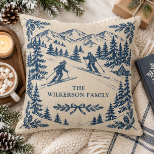 Blue Toile Ski Holiday Vintage Mountain Throw Pillow
