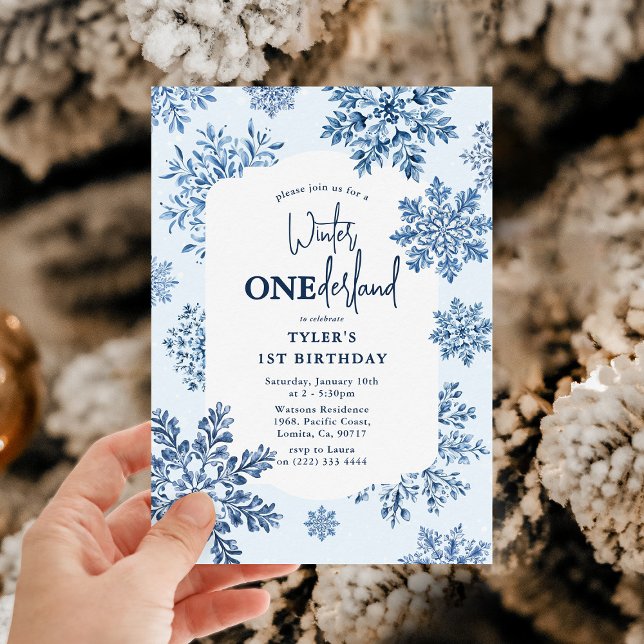 Blue Toile Snowflake Winter 1st Birthday Invitation (Creator Uploaded)