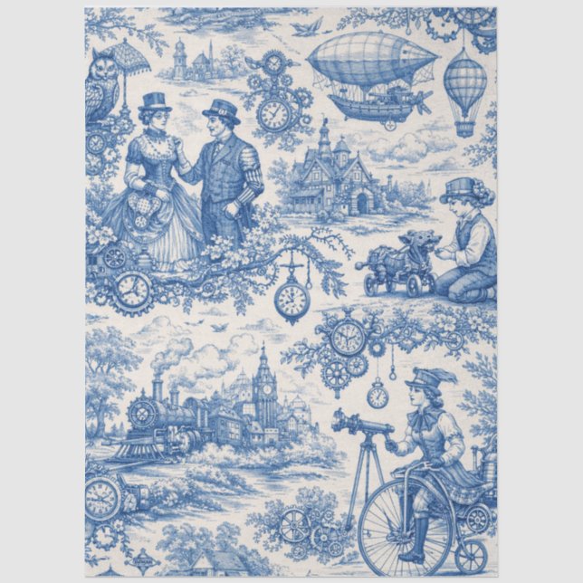 Blue Toile Steampunk Tissue Paper (Front)