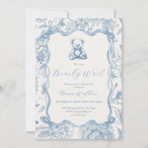 Blue Toile Teddy Bear Baby Shower Invitation