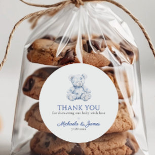 Blue Toile Teddy Bear Boy Baby Shower Favour Classic Round Sticker