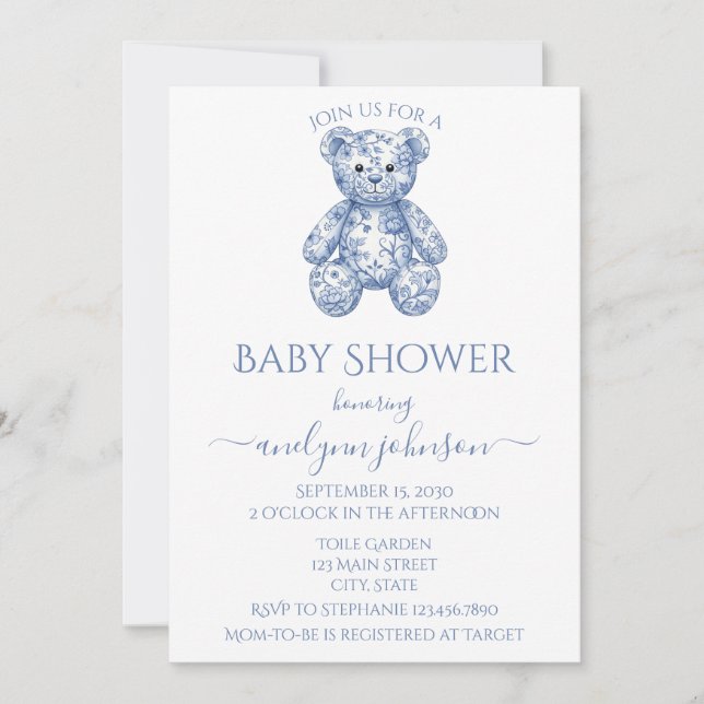 Blue Toile Teddy Bear Boy Baby Shower  Invitation (Front)
