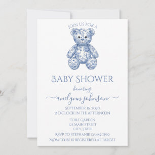 Blue Toile Teddy Bear Boy Baby Shower  Invitation