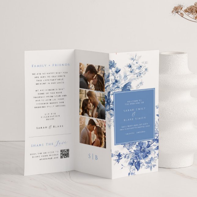 Blue Toile Trifold Wedding Program Paper Sheet (Creator Uploaded)