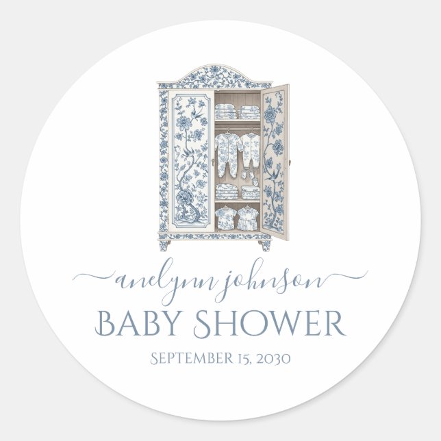 Blue Toile Victorian Wardrobe Baby Shower  Classic Round Sticker (Front)
