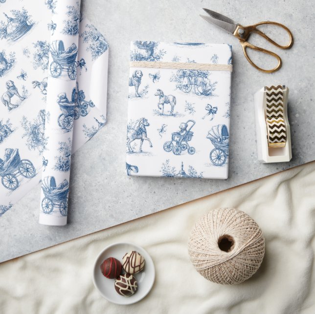 Blue Toile Vintage Baby Shower  Wrapping Paper (Crafts)