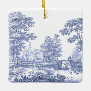 Blue Toile Vintage French Pastoral Bridge Boat  Ceramic Ornament