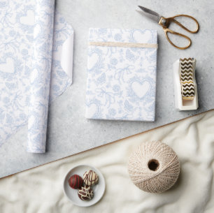 Blue Toile Vintage Hearts Ribbons Baby Shower Wrapping Paper