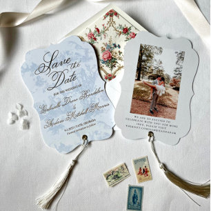 Blue Toile Wedding Save the Date Vintage 
