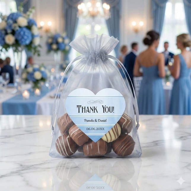 Blue Tone on Tone Striped Wedding Thank You Heart Sticker (Thank you or favor sticker featuring a blue tone on tone striped design with a silver lining)
