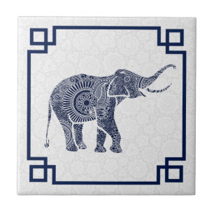 Blue Tones Cute Retro Floral Elephant 2 With Frame Tile