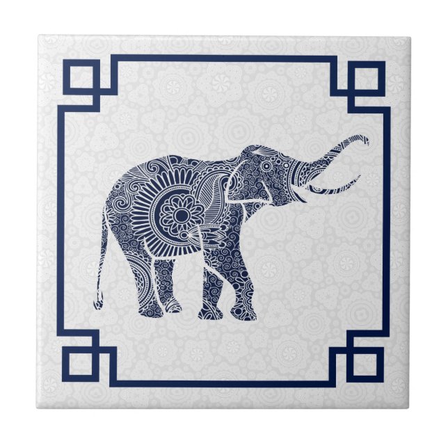 Blue Tones Cute Retro Floral Elephant 2 With Frame Tile (Front)