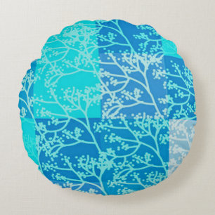 Blue Tones Foliage Plaids Round Pillow