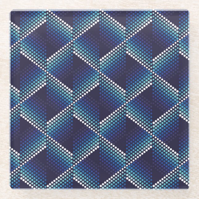 Blue Tones Geometric Wavy Pattern Glass Coaster (Front)