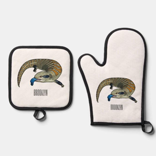 Blue-tongued skink cartoon illustration oven mitt & pot holder set (Front)