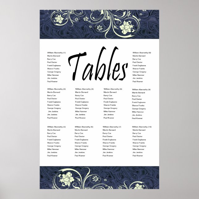 Blue Tooled Leather and Cream Lace Seating Chart (Front)
