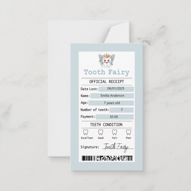 Blue Tooth Fairy Receipt Flat Note Card (Front)