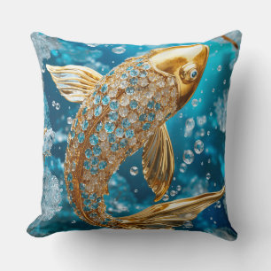 Blue Topaz Gold Koi Fish Gold Throw Pillow